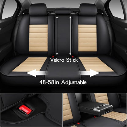 MINGBRON Car Seat Covers Full Set, Brown Car Seat Cover Lumbar Support, Car Seat Protector Waterproof, Nappa Leather Car Seat Cushion, Front Seats and Back Fit for Most Cars Beige - Image 3