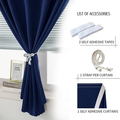 Thermal Blackout Curtains with Self-Adhesive Tape, No Rod No Drill Easy Install Window Cover for Bedroom Kitchen Dorm, 71" W x 59" L, Navy Blue, 1 Panel - Image 2