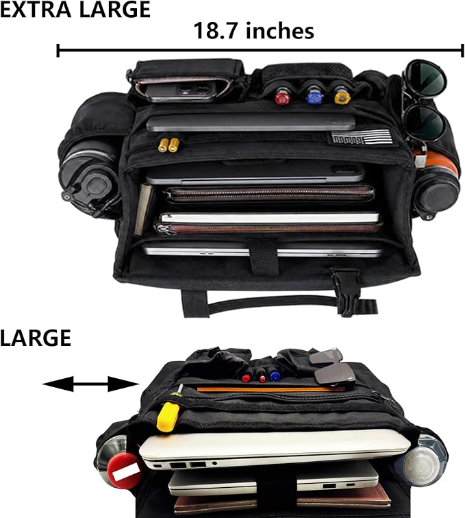 2 Pack Front or Seat back organizer seat side pocket with dedicated tablet and 17 IN laptop storage stabilizers external stabilizing side straps soft adjustable shoulder straps (Large Black) - Image 5
