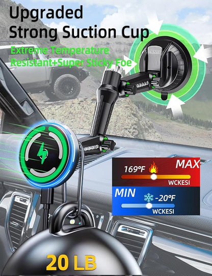 Phone Mount Holder for Truck MagSafe Car Charger, Qi2 15W Fast Power | Magnetic Wireless Car Charging, 10-Inch Long Arm, Strong Vacuum Dash & Windshield Mount, Trucks Accessories, for iPhone 17-12 - Image 5