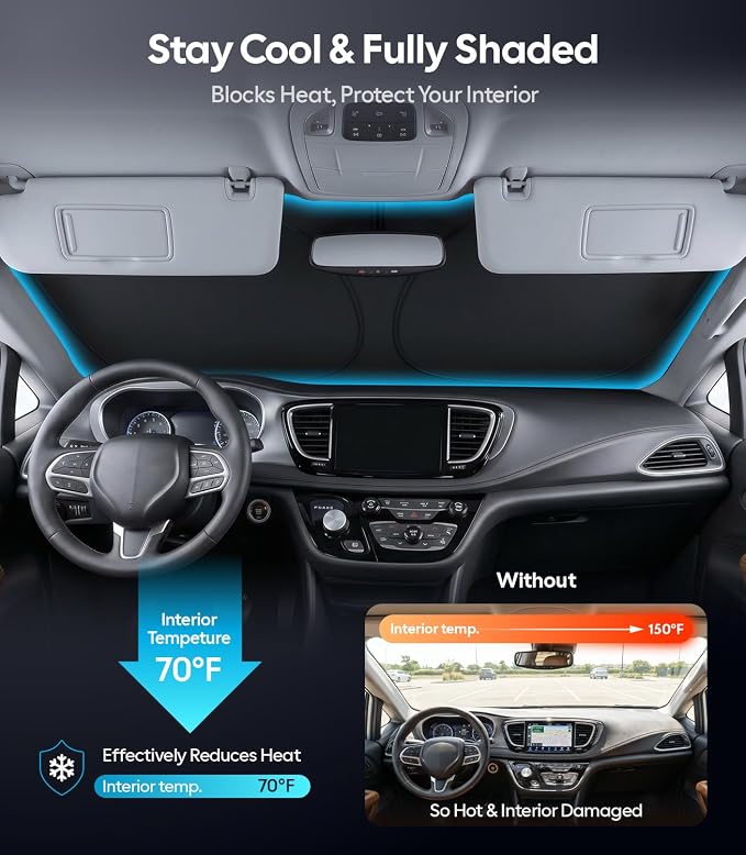 Wigoo for Chrysler Pacifica Windshield Sunshade, Custom Fit, Keeps Cool | Custom Fit, Cooling Fabric, Foldable Heat-Blocking Sunshade with Storage Bag, for Chrysler Pacifica 2017-2026 Accessories - Image 2