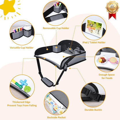 Toddler Car Seat Travel Tray FOR Road/Airplane Trip Activities, Grey | Travel Tray With 16.7" x 13.4" Smooth Dry Erase Board, Cup holders, Ddjustable Strap & Shoulder Carry Strap - Image 5
