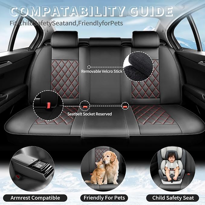 Fit Venza Premium Leather Car Seat Covers for Toyota Venza 2009-2025 2026 - Waterproof，Breathable，All-Weather Seat Cushion Protecto & Airbag Compatible, 2 Front Seat Red Line Black - Image 3