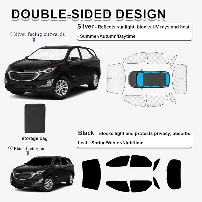 KMF 8pcs Thicken Sun Shades for Chevy Equinox 2018-2024 Accessories,Chevrolet Full Car Window Covers Sunshade for Windshield Side Rear, UV Block and Blackout Privacy for Car Camping Outdoor - Image 3