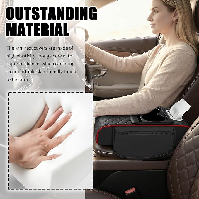 5-in-1 Car Center Console Cover,Leather Car Armrest Cover with Cars Tissue Holders/Cup Holder/Phone Holder/Storage Pocket,Thickened Cars Armrest Storage Box (Black/Red Stitching) - Image 3