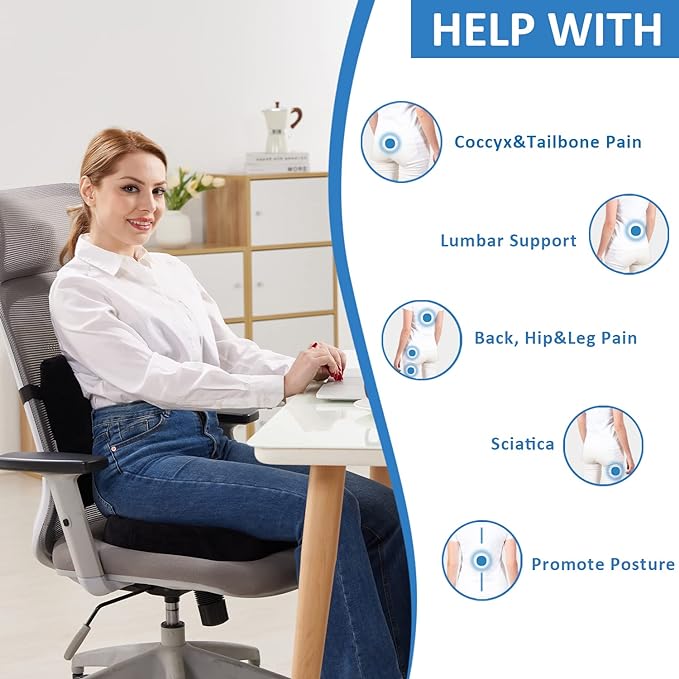SAIREIDER Seat Cushion and Lumbar Support Pillow for Office Chair, Memory Foam Car Seat Cushions Back Support Pillows, Help Relieve Pain of Back, Lumbar, Tailbone and Sciatic Nerve（Black） - Image 2