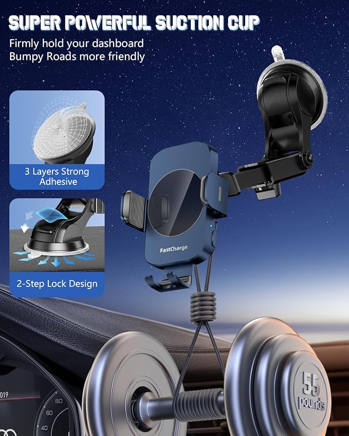 3-in-1 Wireless Car Charger Mount, 15W Fast Charging Auto-Clamping Phone Holder for iPhone 17 16 15 14, Samsung Galaxy S24 S23, Dashboard, Vent & Windshield Car Mount(Deep Blue) - Image 7