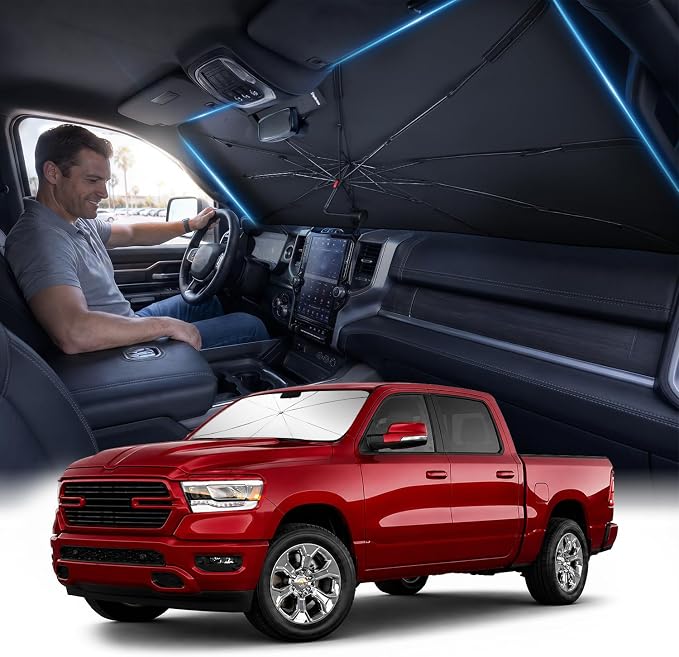 Zanch 2026 Upgraded Car Windshield Sun Shade [Cool Down by 75℉ ] with Heat Insulation Coating, Foldable Sunshade Umbrella with Flexible Handle & Ribs, Large (34''x61'') for Large SUV, Truck, Van by Zanch