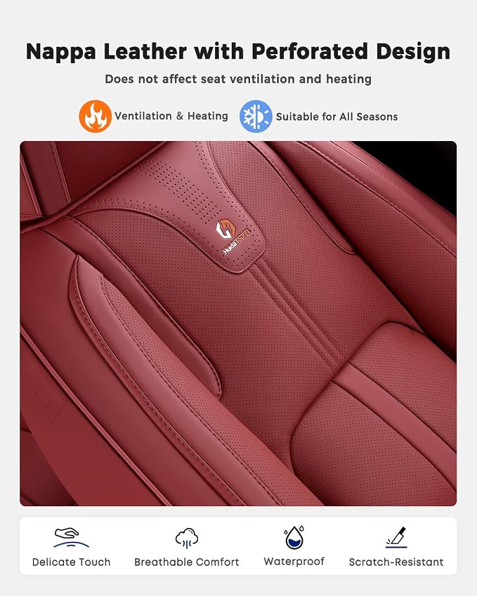 Huidasource Rear Car Seat Cover Luxury Nappa Leather, Rear Seat Cover with Velcro Adjustable, Ventilation Holes, Child Seats, Back Seat Covers for Cars Universal Fit for Most Cars SUV Trucks, Red - Image 5