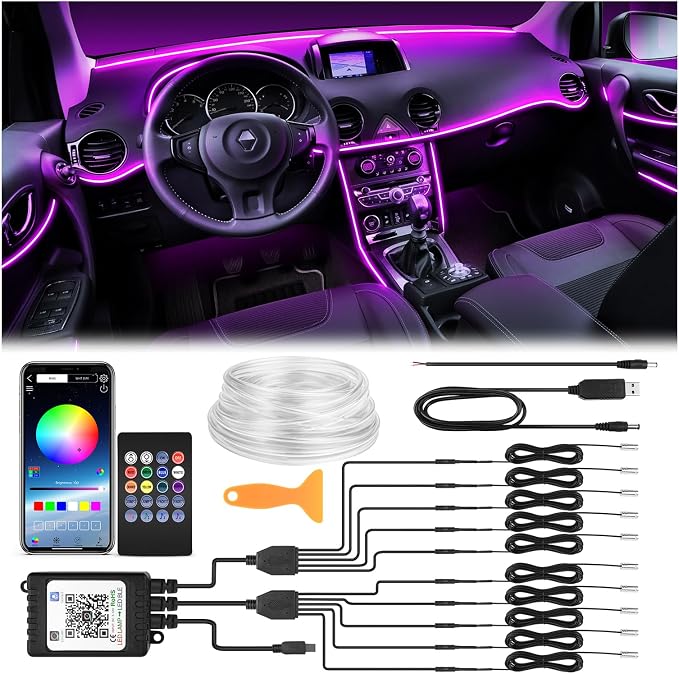 Interior Car LED Strip Lights 470 inches Fiber Optic tubing USB Powered RGB 10 in 1 Car Neon with Wireless APP and Remote Control, Ambient Lighting Kits 16 Million Colors,Sync to Music by SSVISION