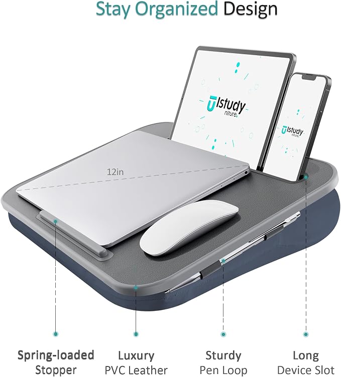 Istudyniture Portable Lap Desk with Cushion, Fits up to 15.6 inch Laptop, Laptop Stand with Device Ledge and Phone Holder, for Home Office (Grey, Small) - Image 5