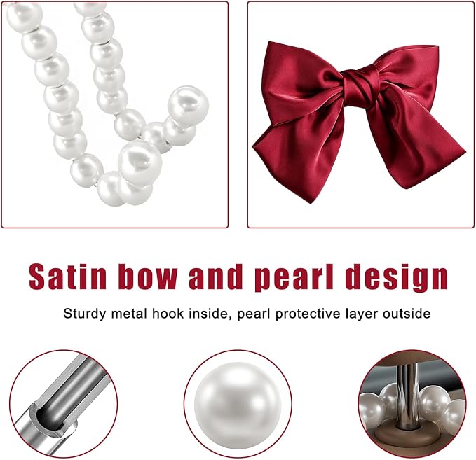 2 PCS Bow Pearl Car Seat Headrest Hook, Car Seatback Hanging Organizer Elegant Pearl Purse Hanger, Cute Bow Vehicle Interior Headrest Storage Hook for Handbag Purse Coat (Red) - Image 3