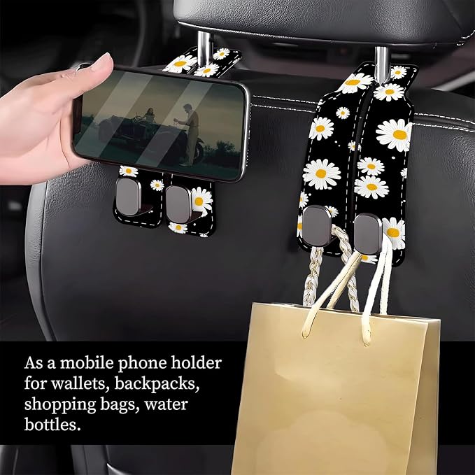 Car Seat Headrest Hook, Universal Leather Cute Hanger Holder Hook, Storage Organizer Interior Accessories for Purse Bags Handbag Cute Black Daisy - Image 2