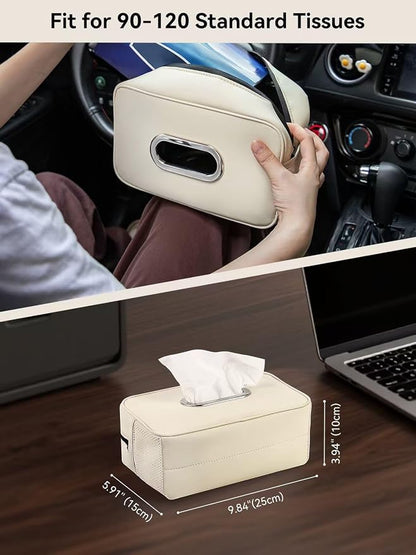 Multi-Functional Car Tissue Holder with ‌2 Storage Nets, Tissue Box Cover | PU Leather Tissue Box Cover, Large Rectangle Napkin Organizer, Fit for 100-160 Regular Size Tissues, Keep Car Tidy, Beige - Image 5
