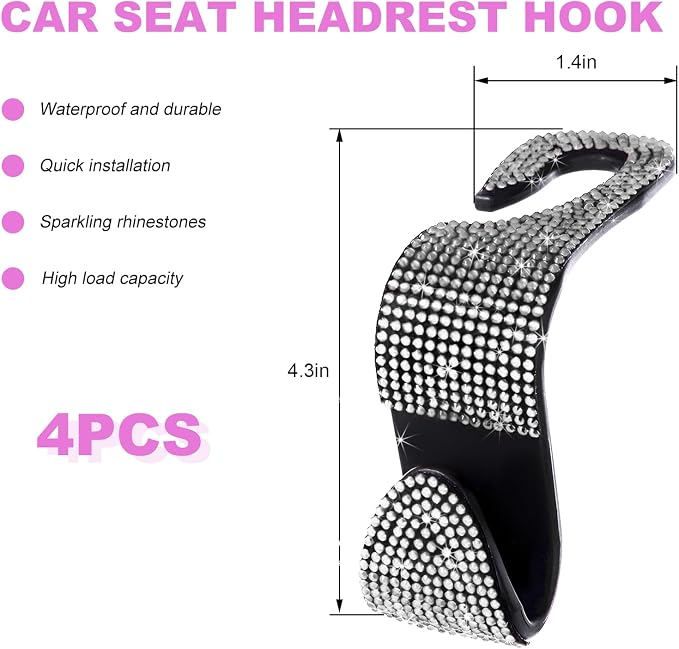 4 PCS Bling Car Seat Headrest Hooks, Rhinestone Vehicle Backseat Storage Hanger Backpack Hook, Sparkly Multi-Functional Headrest Purse Holder for Car Truck SUV RV (White) - Image 2