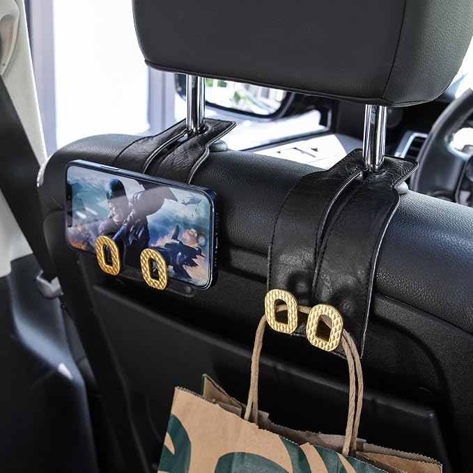 Car Headrest Hooks Universal Car Purse Hook Premium Leather and Alloy Twin Hook Car Seat Back Storage Hanger Hook for Purse Bags Cloth Drink Durable Holder Car Accessories (BH09-Black-Gold-4 Pcs) - Image 3