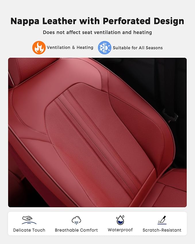 Huidasource Red Seat Covers, Luxury Faux Leather Car Seat Covers, Velcro Adjustable, with Airbags, Child Seat, Perforation Cooling＆Heating, Universal Fit for Most Cars, Vans, Trucks, SUVs, Red - Image 6