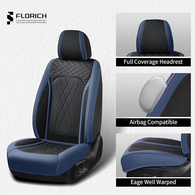 FLORICH Leather Front Car Seat Covers Waterproof Durable Front Seat Protector for Cars Luxury Breathable Vehicle Seat Cover Interior Decoration Universal Fit for Most Car Truck SUV, Blue&Black - Image 3