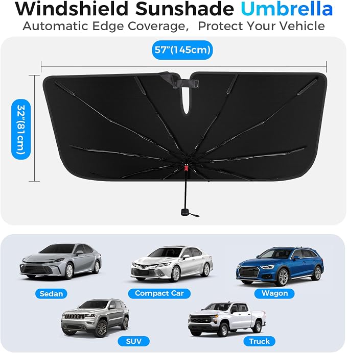 Windshield Sun Shade Umbrella, Foldable Car Sunshade for Front Windshield, UV Block & Heat Reduction Sunshade, Durable Reinforced Frame, Easy Install Sunshade for Cars, SUVs & Trucks (57" x 32") - Image 2