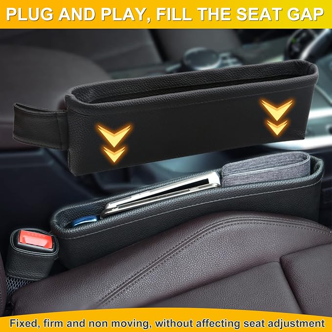 2 Pack Update Car Seat Gap Filler Organizer Leather Console Storage Box Front Side Pocket Seats Organizers Filler Interior Car Accessories for Phone Wallet Coin Key Sunglasses (Black) - Image 4