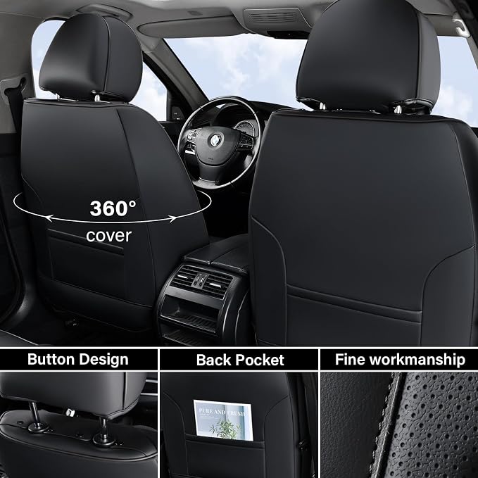 Coverado Car Seat Cover, Front Seat Cover, 2 Pack Universal Seat Covers for Cars, Breathable Nappa Leather Seat Cover, Waterproof Car Seat Protectors, Automotive Seat Covers Fit for Most Cars Black - Image 3