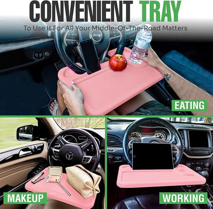lebogner Steering Wheel Tray, Car Tray for Eating, Hook On Steering Wheel Desk for Food, Laptop and Car Accessories, Car Road Trip Must Haves Gadgets Car Table (Light Pink, with Tablet Slot) - Image 2
