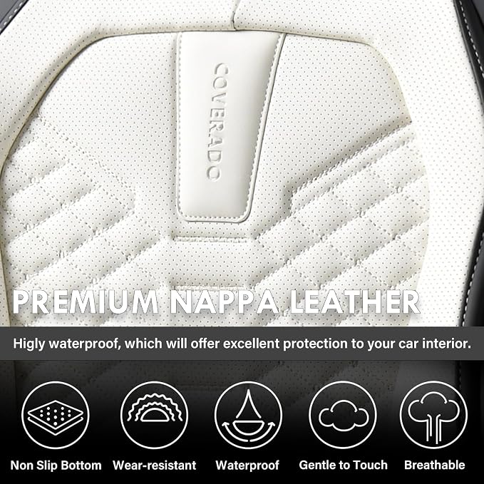 Coverado Leather Seat Covers, Car Seat Covers Full Set, Waterproof Nappa Leather Car Seat Cover, Car Seat Protectors 5 Seats, Black & White Automotive Seat Covers Fit for Most Cars Trucks - Image 9