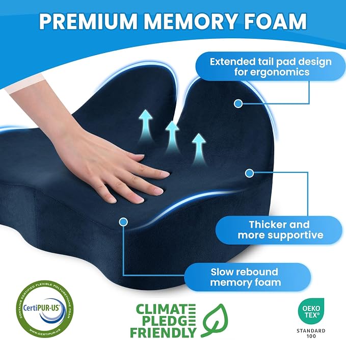 CushZone Ergonomic Seat Cushion, Sciatica Support for Office Chair, Blue | Large Size for Sciatica & Hip & Tailbone Pain Relief, Memory Foam Office Chair Cushion for Car, Long Trip, Desk Chair, Lab - Image 3