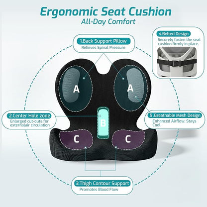 Trucker Seat Cushion, Thick Car Seat Cushions with Lumbar Support Pillow, Ergonomic L-Shaped Orthopedic Memory Foam for Long Driving Lower Back Pain Sciatica Relief Gift for Drivers (Black+Mesh cloth) - Image 3