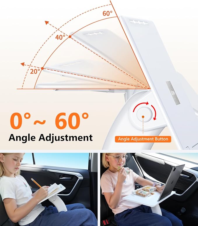 Car Seat Tray Table, Adjustable Travel Tray for Kids/Adults, Car Lap Desk for Laptop Computer Tablet Book, Front Passenger/Rear/Driver Seat Food Eating, Essentials Accessories for Long Trips - Image 3