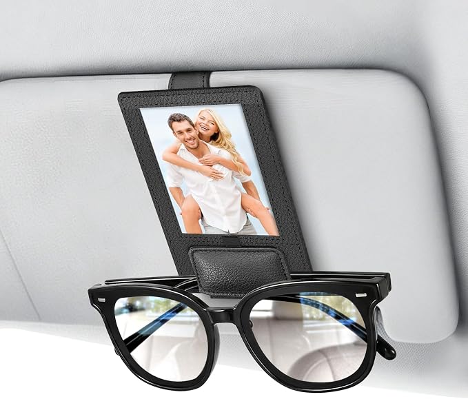 New 2 in 1 Sunglass & Photo Holder for Car, Strong Magnetic Leather Sunglasses Holder, Car Visor Picture Holder Clip, 2026 Upgraded No Fall No Slide Car Visor Accessories by Rosaver