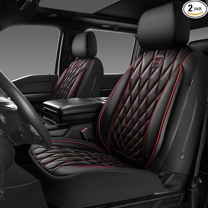 CAR PASS Piping Luxury PU Leather Two Front Car Seat Covers, Waterproof Anti Slip Seat Covers Compatible with Front Seat Armrests,Universal Fit for Suvs,Vans,Trucks,Airbag Compatible(Black and Red) by CARPASS