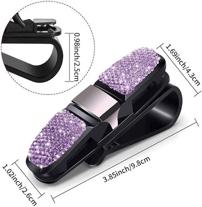 Glasses Holders for Car Sun Visor, Bling Crystal Rhinestones Fashion Rotatable Car Eyeglasses Sunglasses Hanger Mount with Ticket Card Clip for Women Girls (Violet) - Image 2