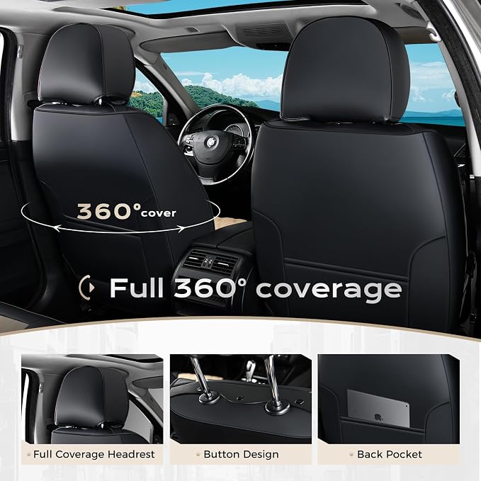 Coverado Car Seat Covers Front Seats, Durable Waterproof Faux Leather Full Set with Rear Protectors, Classic Easy-Clean Interior for Most Vehicles – BlackBeige - Image 3