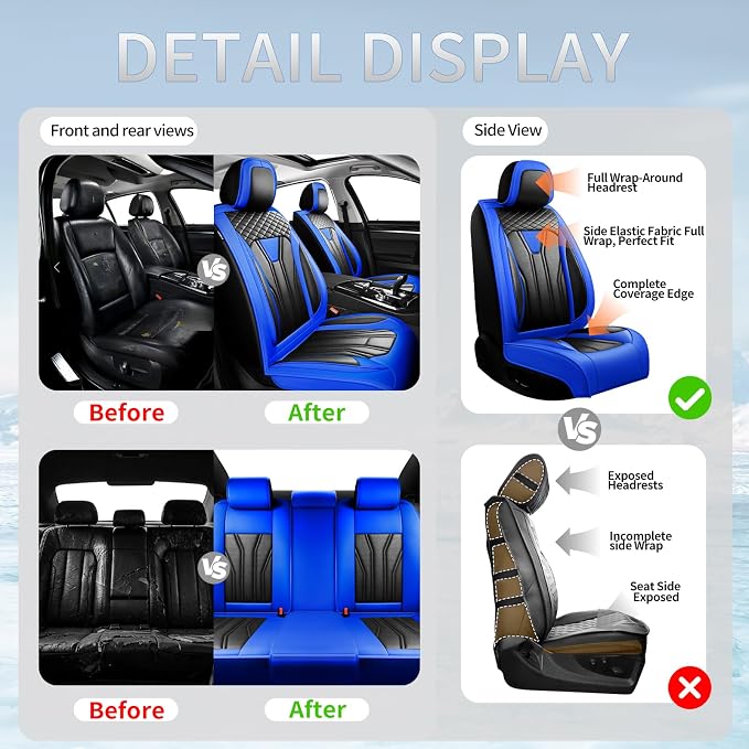 Fit Highlander Premium Leather Car Seat Covers for Toyota Highlander 2007-2025 2026 - Waterproof，Breathable，All-Weather Seat Cushion Protecto & Airbag Compatible, 2 Front Seat Blue&Black - Image 5
