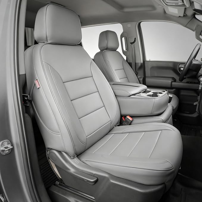Custom Fit Seat Covers Full Set for Chevy Silverado/GMC Sierra 1500 (2019-2026) and 2500HD/3500HD (2020-2026)-CrewCab,No Rear Seat Storage,Fully Covered,Waterproof Leather Truck Seat Protector(Grey) by Coverdream