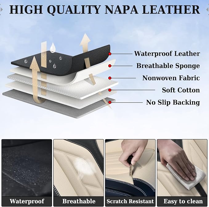 Coverado Seat Covers, Car Seat Covers Full Set, Leather Seat Covers for Cars, Automotive Seat Covers Car Seat Protector Car Accessories Fit for Most Sedans SUV Pick-up Truck(Black&Beige) - Image 7