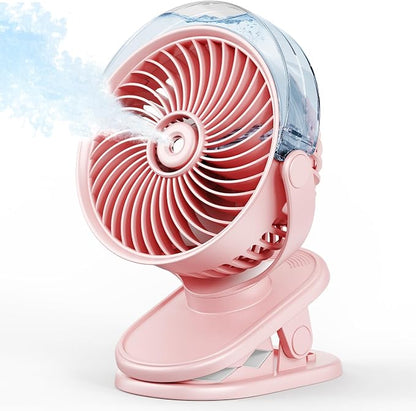 SWEETFULL Portable Misting Clip On Fan, USB-C Rechargeable Mini Personal Cooling Fan with 4 Speeds, 360° Rotatable, Quiet Cooling for Outdoor, Camping, Golf Cart, Travel, Stroller & Desk (Pink) by SWEETFULL