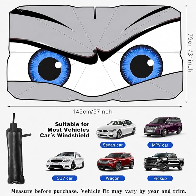 Car Windshield Sun Shade Umbrella, Universal Fit Mid-Large Sedan SUV | 57 x 31" Car Sun Visor, Foldable UV Heat Blocking Auto Sunshade with Rearview Mirror Cutout, Cute Eyes Series - Image 5