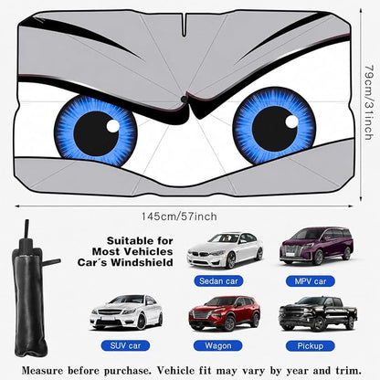 Car Windshield Sun Shade Umbrella, Universal Fit Mid-Large Sedan SUV | 57 x 31" Car Sun Visor, Foldable UV Heat Blocking Auto Sunshade with Rearview Mirror Cutout, Cute Eyes Series - Image 5