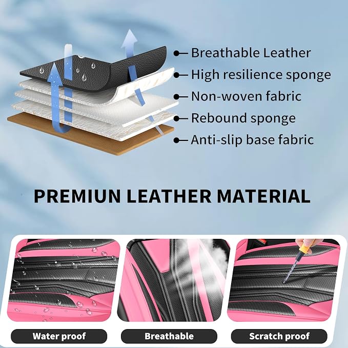 Fit Kicks Car Seat Covers， Compatible with Nissan Kicks 2018-2026 -Premium Leather, Waterproof Breathable All-Weather Seat Cushion Protector Airbag Compatible（2 Seats Front Pair，Pink&Black - Image 6