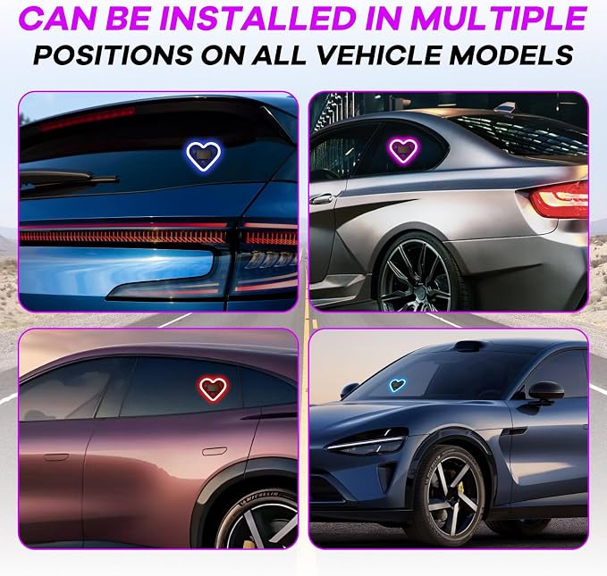 4PCS Car Window Wireless LED Ambient Light Solar Powered Love Heart Shaped Neon Lamp for Night Driving Interior Decor Accessories Romantic Gift for Women Girl Couples-Pink - Image 5