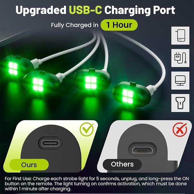 Wireless LED Lights for Car 4PCS, Interior Car Lights with Remote, USB-C Charging Strobe Lights, 80H Battery 8 RGB Colors IP65 Waterproof Ambient Lighting Car Accessories for Trucks Motorcycles Bike - Image 3