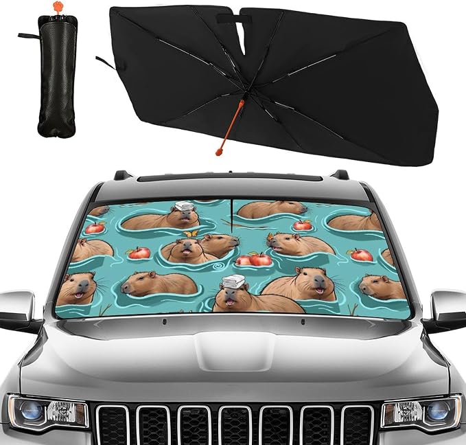 Cute Capybara Print Car Sunshade Umbrella Capybaras Windshield Sun Shade for Car Retractable Umbrella Sunshades for Front Window Cute Sun Shades Cover Visor Portector Block UV Rays - Image 2