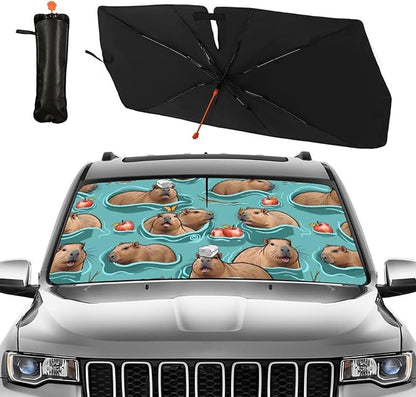 Cute Capybara Print Car Sunshade Umbrella Capybaras Windshield Sun Shade for Car Retractable Umbrella Sunshades for Front Window Cute Sun Shades Cover Visor Portector Block UV Rays - Image 2