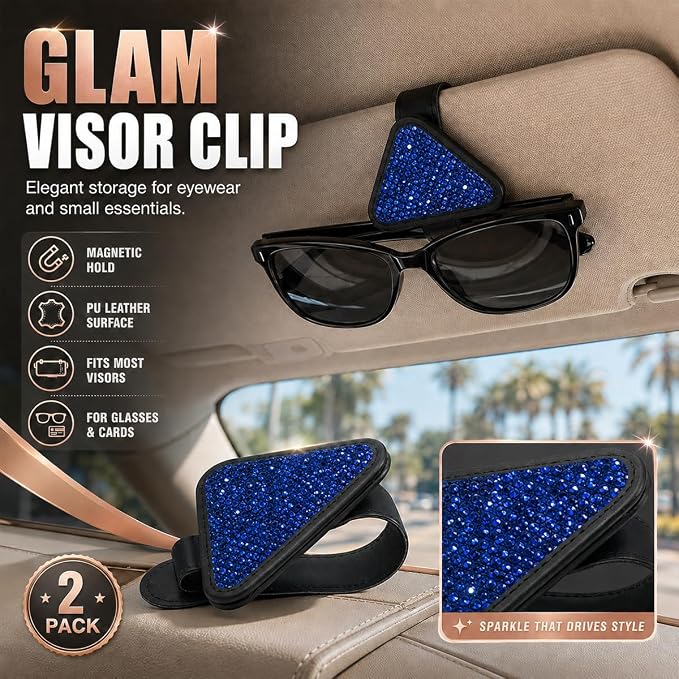 2PCS Magnetic Sunglass Holder for Car Visor, PU Leather Automotive Sun Visor Eyeglasses Hanger Clip, Vehicle Interior Ticket Card Organizer Mount Accessories for SUV Pickup Truck(Blue) - Image 3