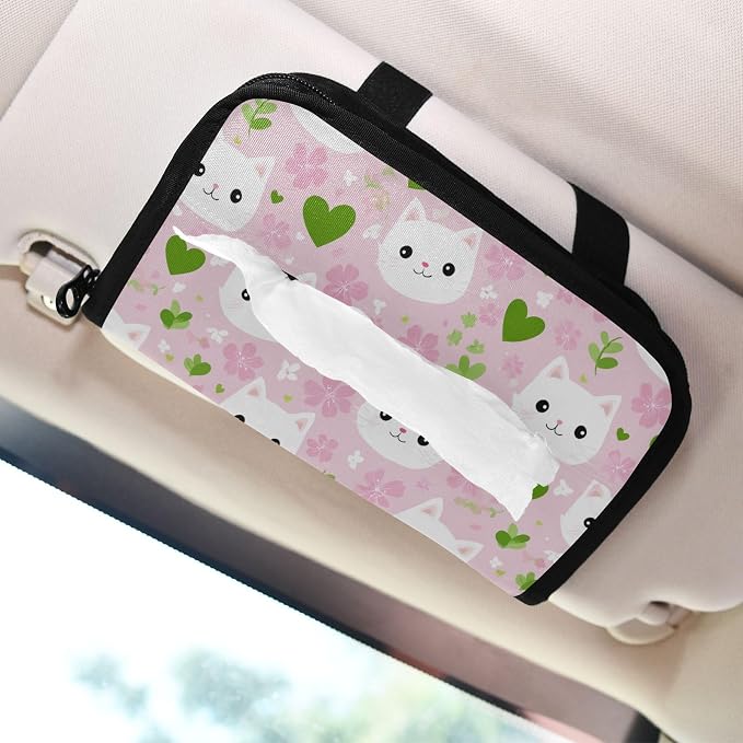 Car Tissue Holder Car Napkin Holder Car Tissue Box Dispenser Storage Case Sun Visor Mask Holder with Adjustable Straps Reusable Refillable Pink Cute Sakura Cat Faces Hearts - Image 7