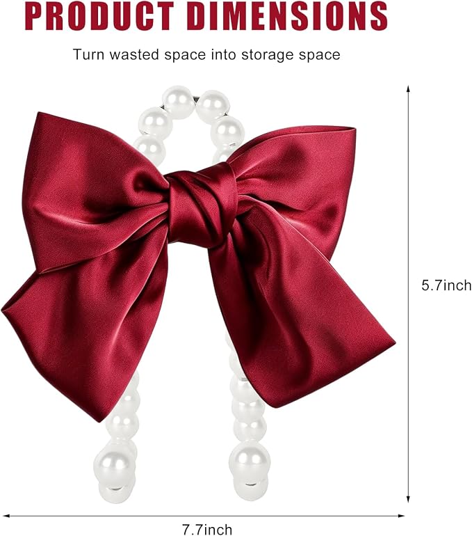 2 PCS Bow Pearl Car Seat Headrest Hook, Car Seatback Hanging Organizer Elegant Pearl Purse Hanger, Cute Bow Vehicle Interior Headrest Storage Hook for Handbag Purse Coat (Red) - Image 2