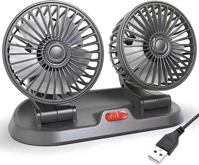 Dual Head Car Fan 5V USB Powered - 360° Rotatable Dashboard Cooling Air Circulator with 3 Speeds - Strong Wind Electric Fan for Car SUV RV Truck - Quiet Vehicle Fan for Front/Rear (USB-5V-Dual) by Unknown