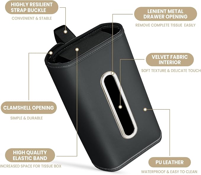 WHHMK Large Car Tissue Holder Refill Easily Clamshell Opening, Black 2PC | Tissue Box Cover Keep Car Tidy, Premium PU Leather Backseat Napkin Rectangle Organizer in Auto, Fits 100-150 Count Tissues - Image 4